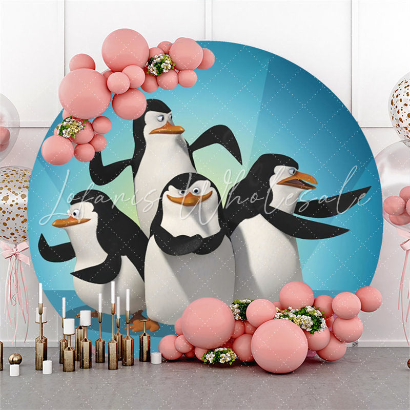 Lofaris Cartoon Penguin Round Blue Happy Birthday Backdrop