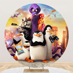 Lofaris Cartoon Penguin Round Happy Kids Birthday Party Backdrop