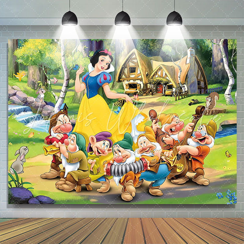 Lofaris Cartoon Princess And Dwarfs Theme Birthday Backdrop