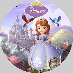 Lofaris Cartoon Purple Princess Round Castle Birthday Backdrop Kit