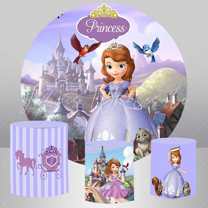 Lofaris Cartoon Purple Princess Round Castle Birthday Backdrop Kit