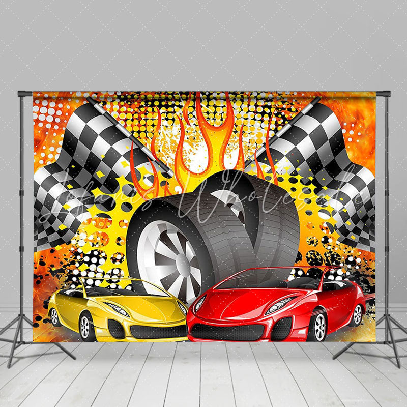 Lofaris Cartoon Racing Car Black White Flag Birthday Backdrop