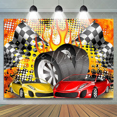 Lofaris Cartoon Racing Car Black White Flag Birthday Backdrop