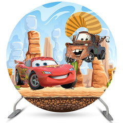 Lofaris Cartoon Red Car And Stone Round Happy Birthday Backdrop