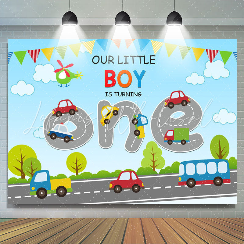 Lofaris Cartoon Vehicle With Highway 1st Birthday Backdrop