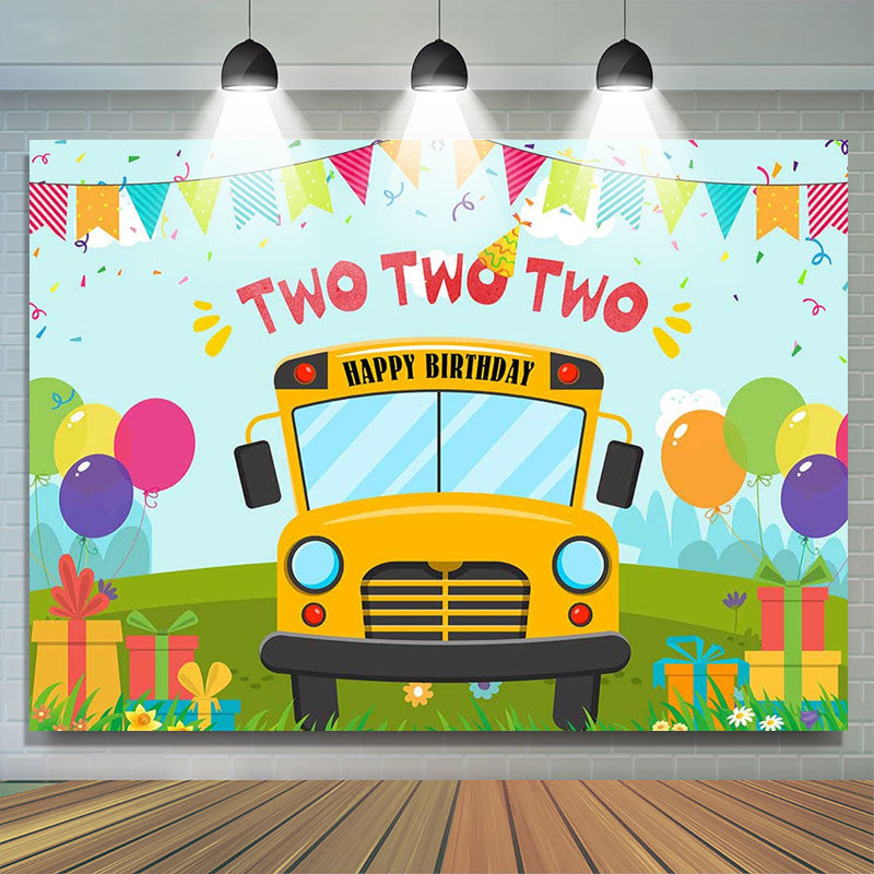 Lofaris Cartoon Yellow Bus Balloon Gift 2nd Birthday Backdrop