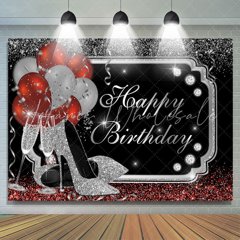 Lofaris Champagne Glass Heels Balloons Happy Birthday Backdrop