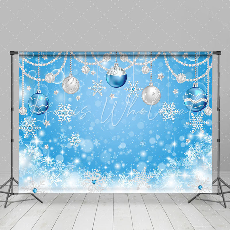 Lofaris Christmas Ball Pearl Bokeh Snowflake Blue Backdrop