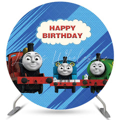 Lofaris Circle Cartoon Little Trains Happy Birthday Backdrop