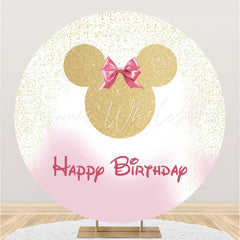 Lofaris Circle Gold Glitter Pink Bow Tie Happy Birthday Backdrop