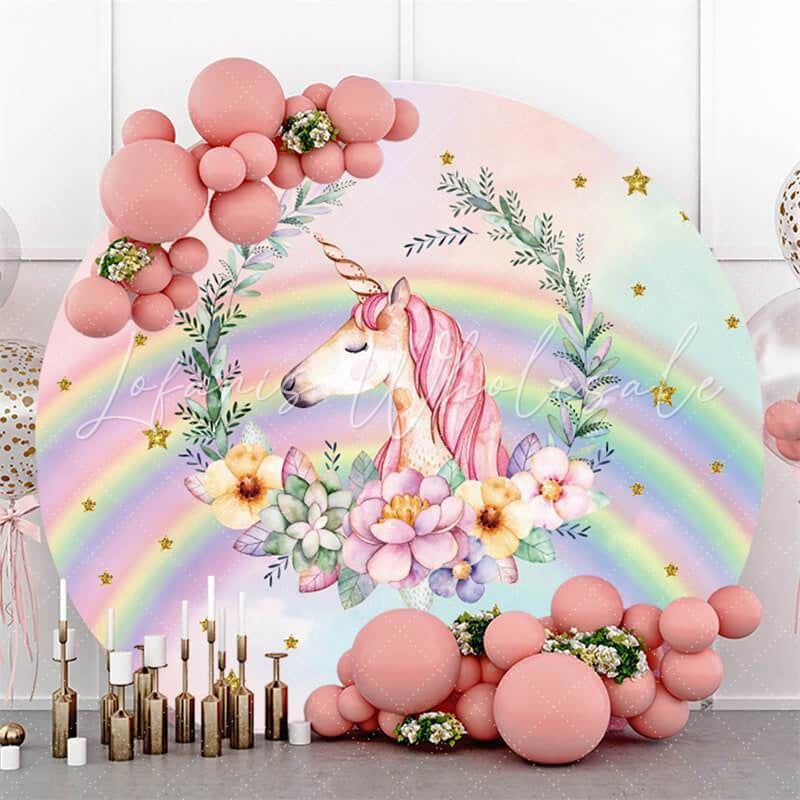 Lofaris Circle Unicorn And Flower Birthday Backdrop For Party