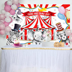 Lofaris Circus Animal Show Red White Stripe Birthday Backdrop