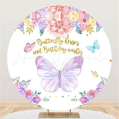 Lofaris Colored Flowers And Butterfly Circle Birthday Backdrop