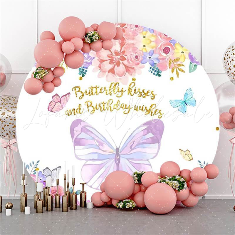 Lofaris Colored Flowers And Butterfly Circle Birthday Backdrop