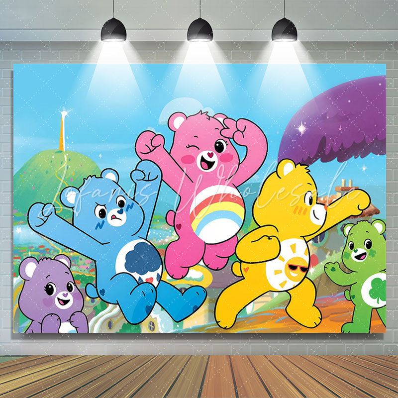 Lofaris Colorful Bears Mountain Happy Birthday Backdrop