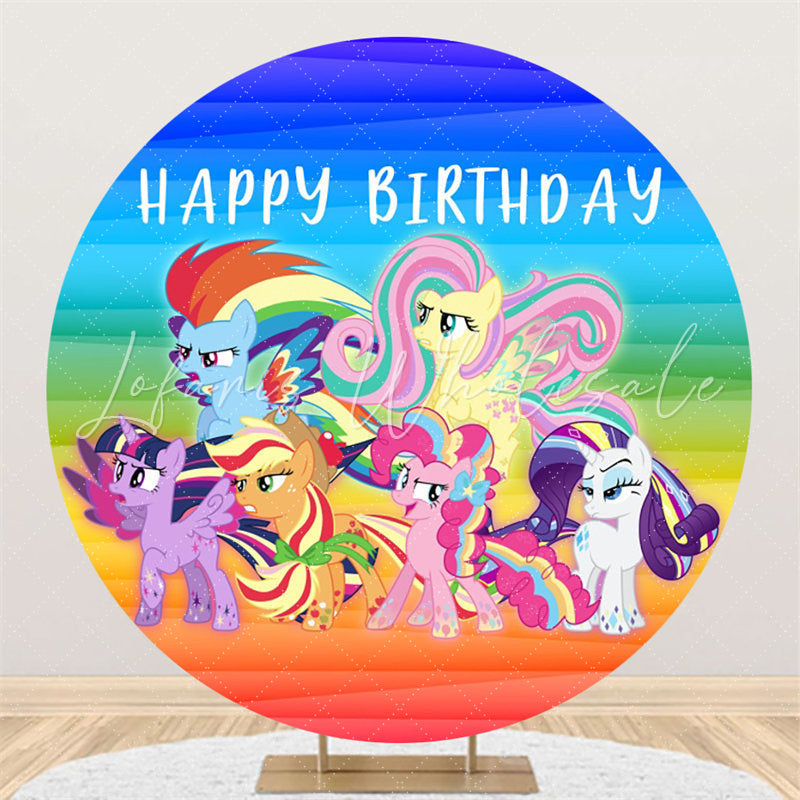 Lofaris Colorful Cartoon Horse Round Happy Birthday Backdrop