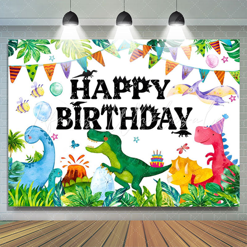 Lofaris Colorful Dinosaur Grass Monstera Birthday Backdrop