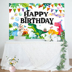 Lofaris Colorful Dinosaur Grass Monstera Birthday Backdrop