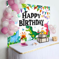 Lofaris Colorful Dinosaur Grass Monstera Birthday Backdrop