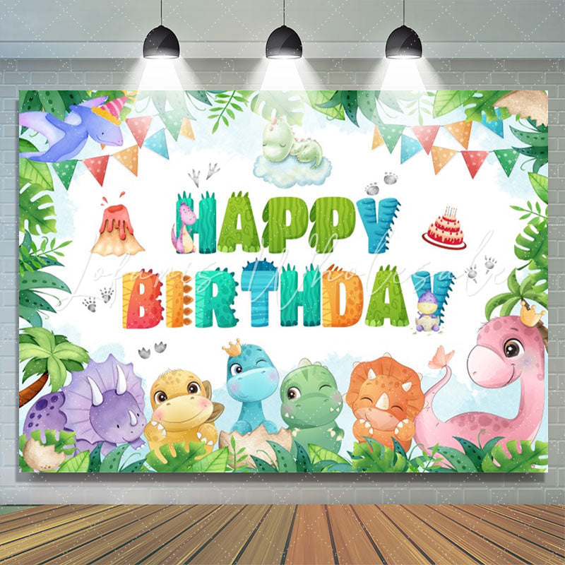 Lofaris Colorful Dinosaur Monstera Cake Birthday Backdrop