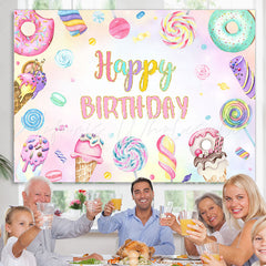 Lofaris Colorful Donut Pink Candy Happy Birthday Backdrop