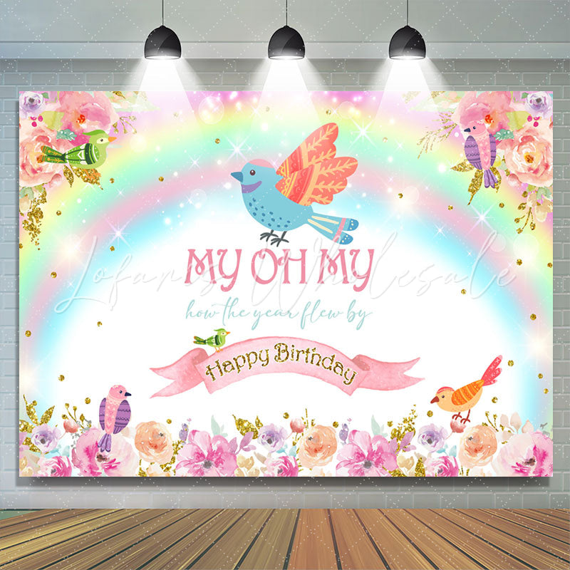 Lofaris Colourful Floral Birds Rainbow Birthday Backdrop