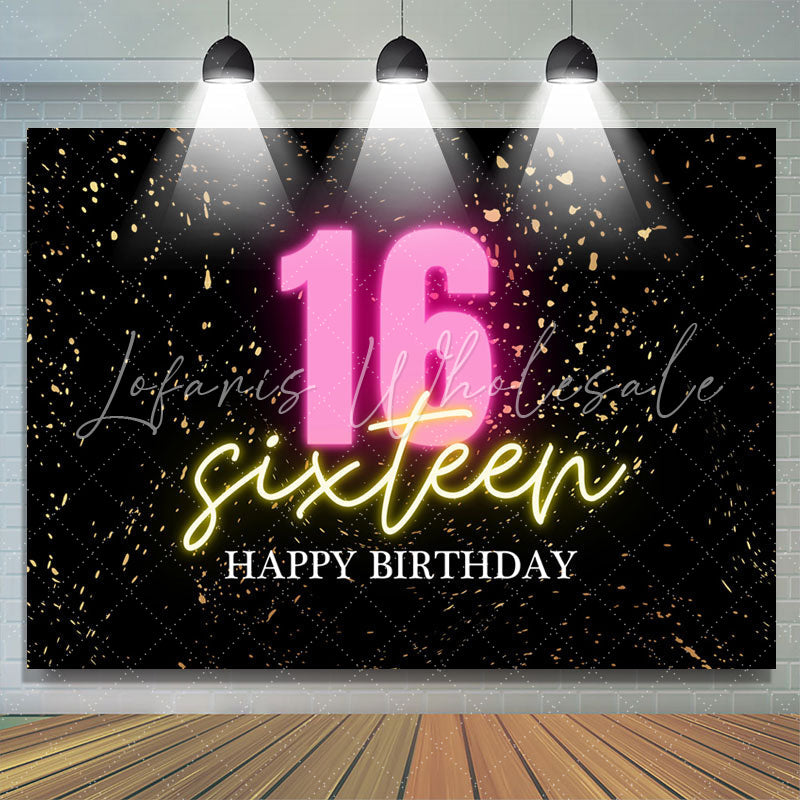 Lofaris Confetti Gold Black Happy Sixteen Birthday Backdrop