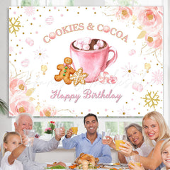 Lofaris Cookie and Cocoa Happy Birthday Pink Floral Backdrop for Party