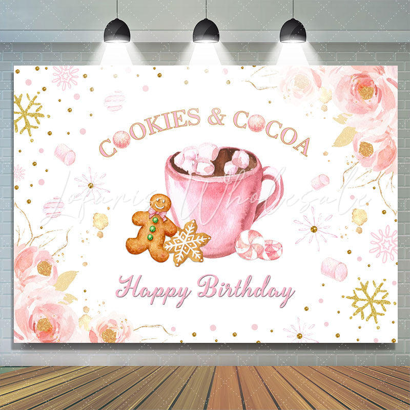 Lofaris Cookie and Cocoa Happy Birthday Pink Floral Backdrop for Party