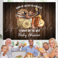 Lofaris Cow Boy Is On The Way Brown Wood Baby Shower Backdrop