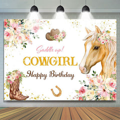 Lofaris Cowgirl Pink Floral Horse Happy Birthday Backdrop