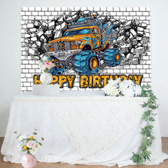 Lofaris Cracked White Brick Wall Car Boys Birthday Backdrop