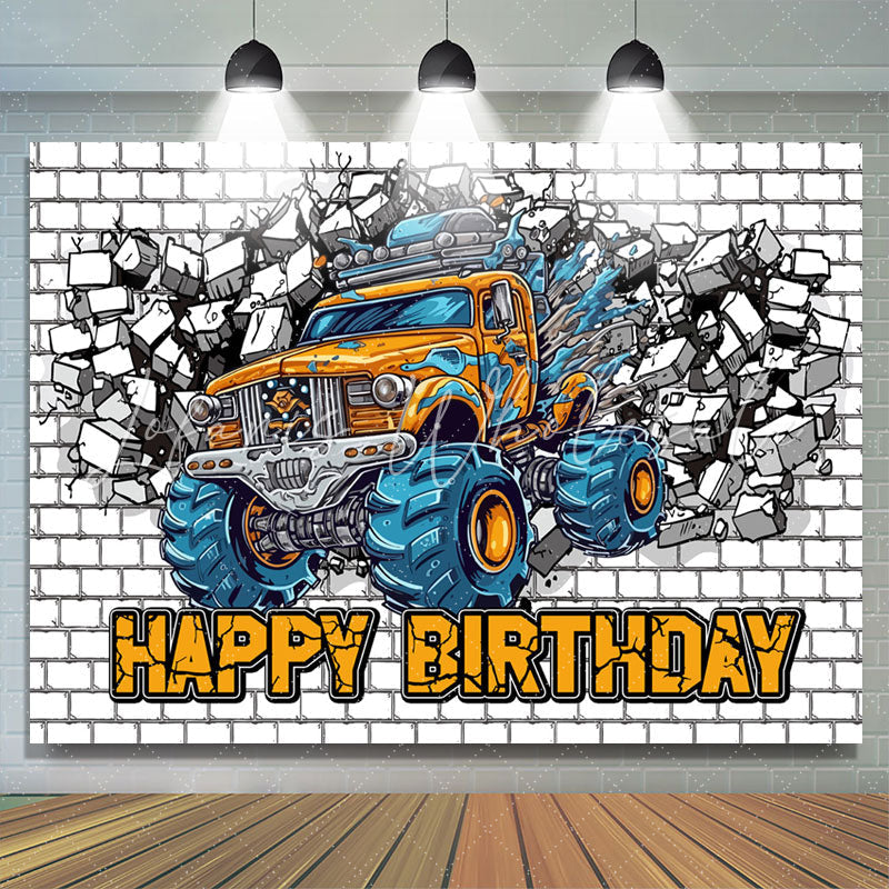 Lofaris Cracked White Brick Wall Car Boys Birthday Backdrop