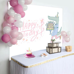 Lofaris Crocodile Holding Cake Pink Happy Birthday Backdrop