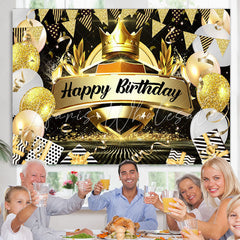 Lofaris Crown Black and Gold Balloon Happy Birthday Backdrop