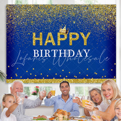 Lofaris Crown Happy Birthday Royal Blue Gold Glitter Backdrop for Men