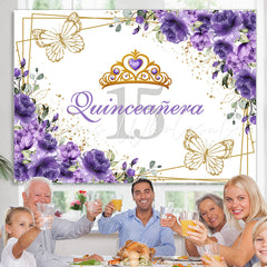 Lofaris Crown Purple Gold Floral 15th Birthday Backdrop For Girl