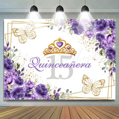 Lofaris Crown Purple Gold Floral 15th Birthday Backdrop For Girl