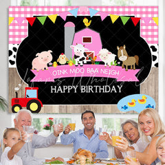 Lofaris Cute Animals And Pink House Happy Birthday Backdrop