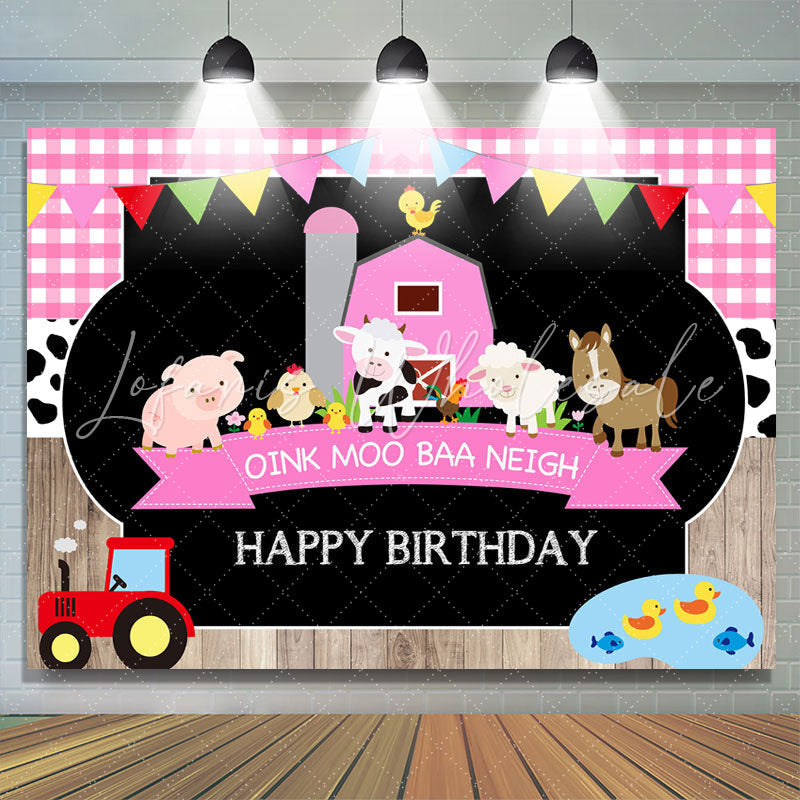 Lofaris Cute Animals And Pink House Happy Birthday Backdrop