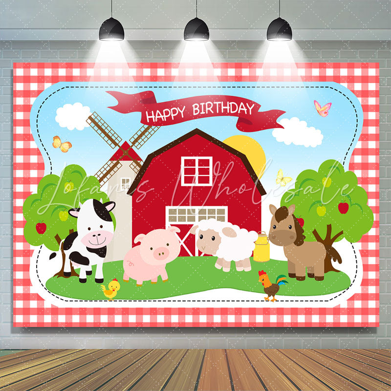 Lofaris Cute Animals And Red House Happy Birthday Backdrop