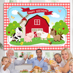 Lofaris Cute Animals And Red House Happy Birthday Backdrop