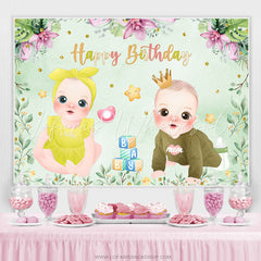 Lofaris Cute Twins Leaves And Flower Green Birthday Backdrop