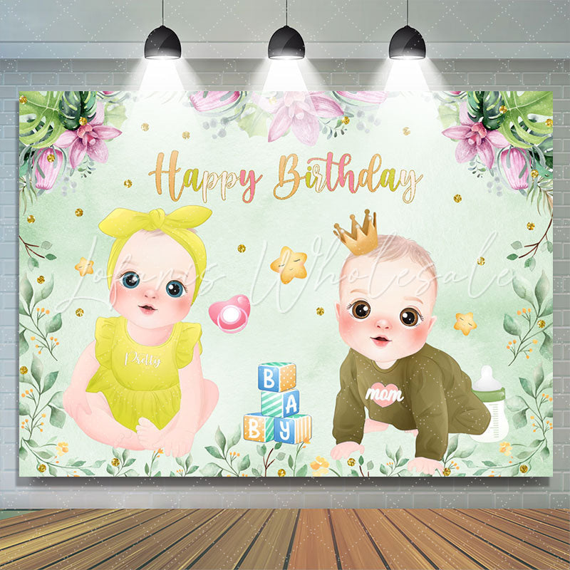 Lofaris Cute Twins Leaves And Flower Green Birthday Backdrop