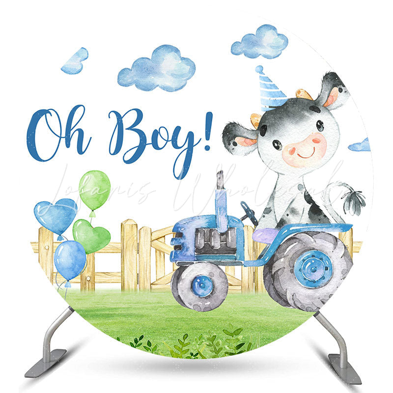 Lofaris Cute Cow On The Track Farm Round Baby Shower Backdrop