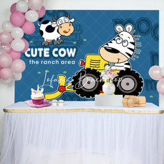 Lofaris Cute Cow Ranch Area Friend Bulldozer Birthday Backdrop