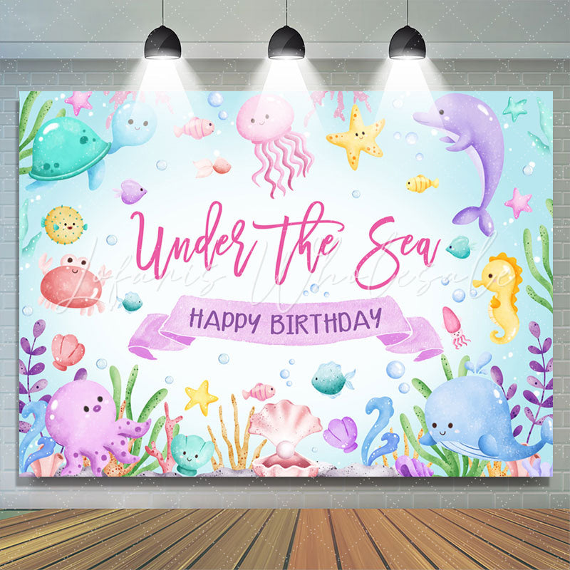 Lofaris Cute Marine Animal Blue Sea Happy Birthday Backdrop