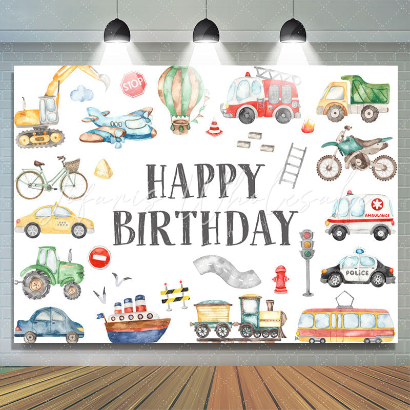 Lofaris Cute Vehicle Patterns White Happy Birthday Backdrop