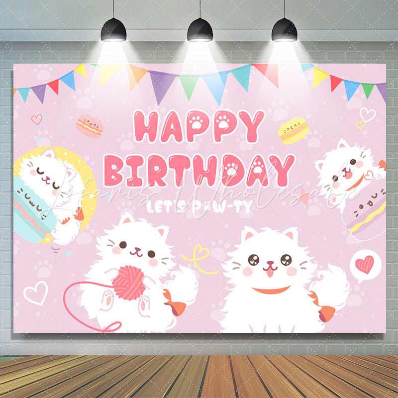 Lofaris Cute White Cats Lets Pawty Purple Birthday Backdrop