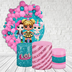 Lofaris Cyan And Pink Glitter Pop Dolls Round Birthday Backdrop Kit